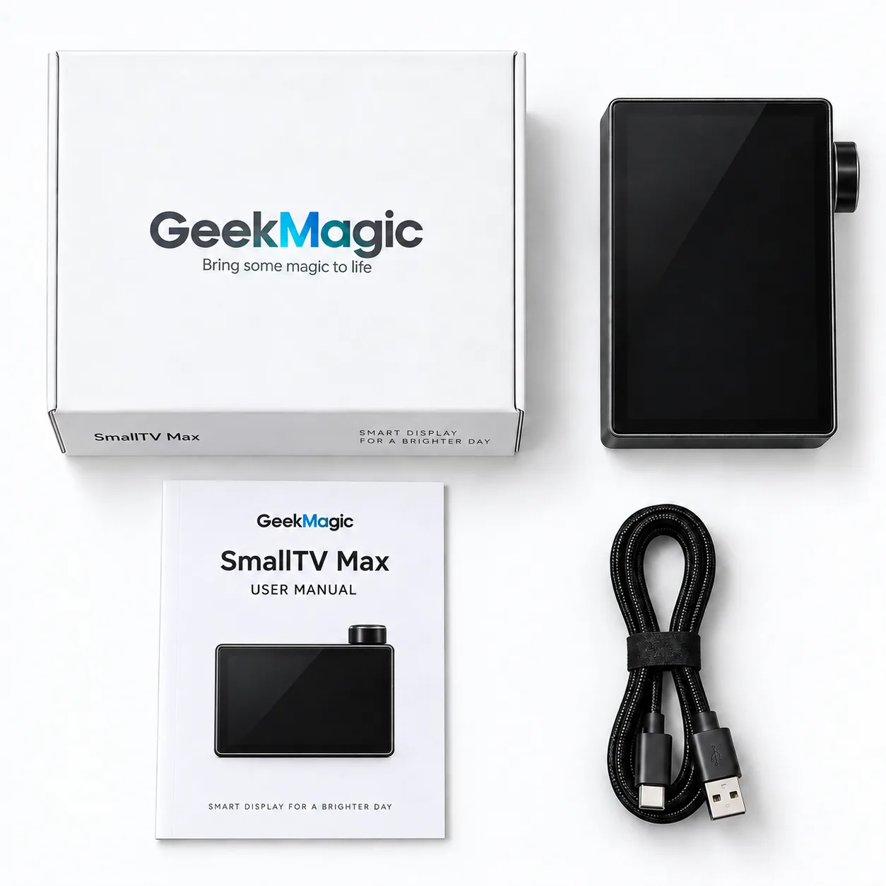 SmallTV Max, packaging, guide and power cable