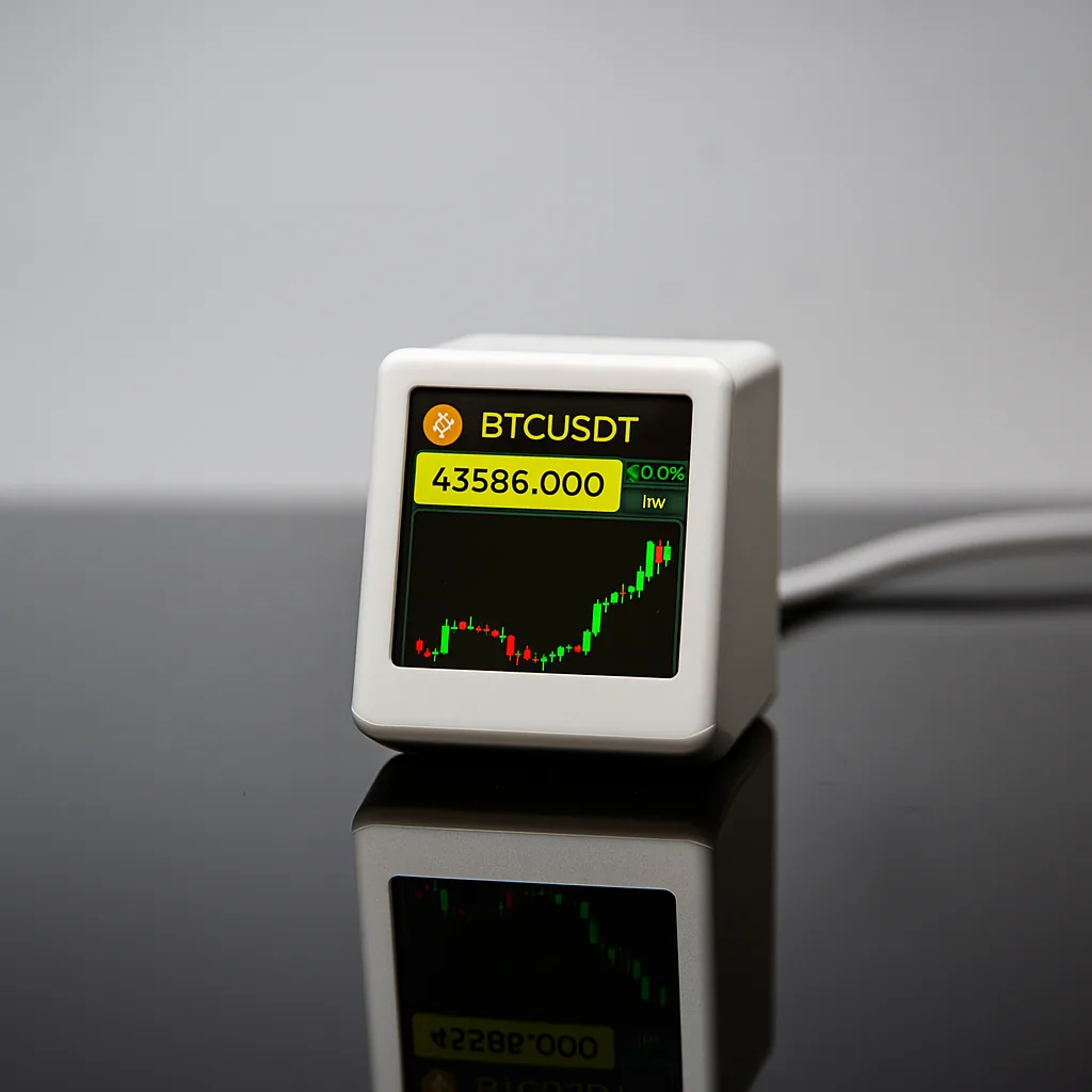 White GeekMagic SmallTV PRO displaying a Bitcoin chart